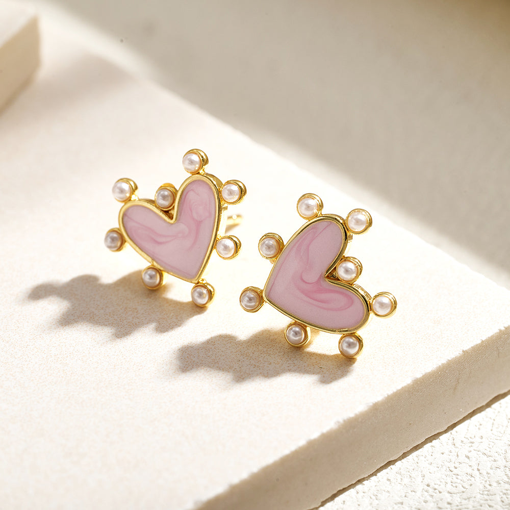 Heart Shape Stud Earrings For Valentine's Day, Casual Style, Copper With 18K Gold Plated And Acrylic Pearl Inlay