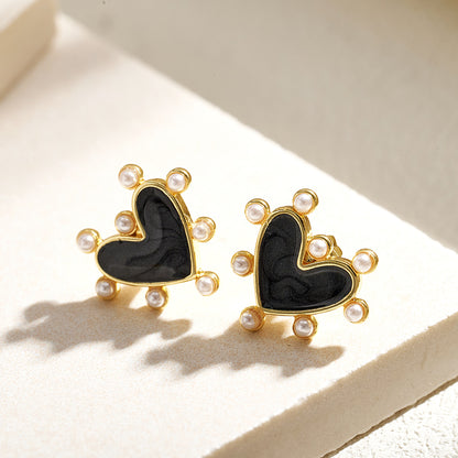 Heart Shape Stud Earrings For Valentine's Day, Casual Style, Copper With 18K Gold Plated And Acrylic Pearl Inlay