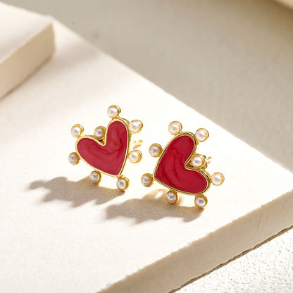 Heart Shape Stud Earrings For Valentine's Day, Casual Style, Copper With 18K Gold Plated And Acrylic Pearl Inlay