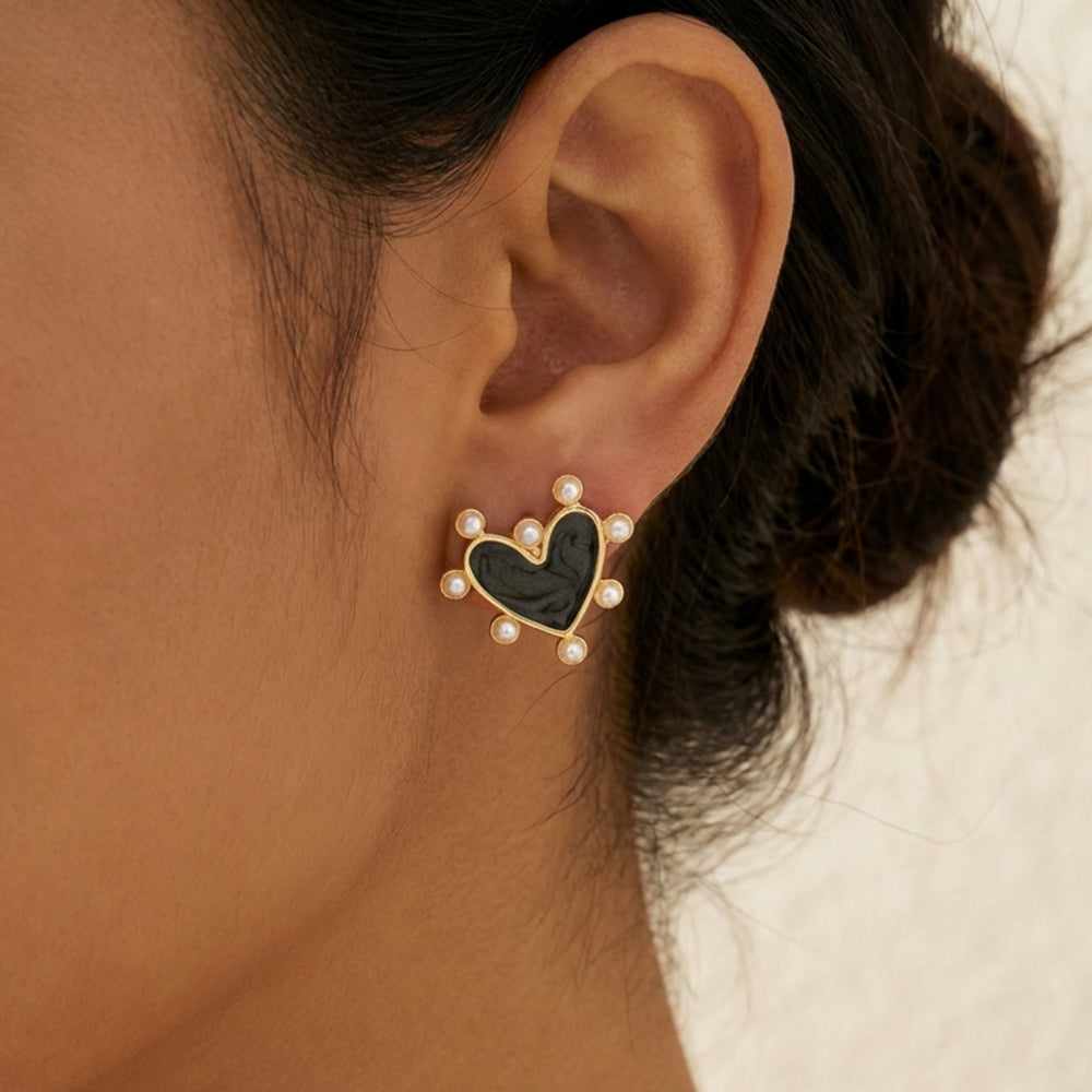 Heart Shape Stud Earrings For Valentine's Day, Casual Style, Copper With 18K Gold Plated And Acrylic Pearl Inlay