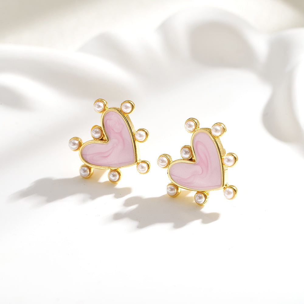 Heart Shape Stud Earrings For Valentine's Day, Casual Style, Copper With 18K Gold Plated And Acrylic Pearl Inlay