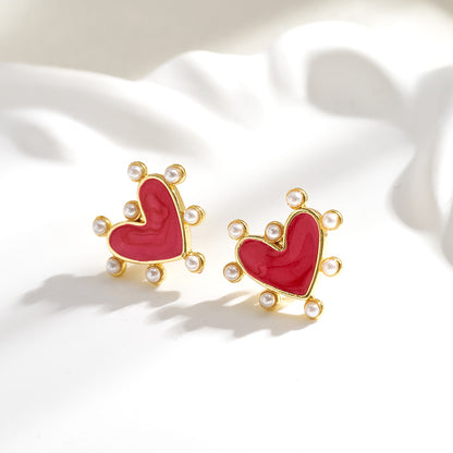 Heart Shape Stud Earrings For Valentine's Day, Casual Style, Copper With 18K Gold Plated And Acrylic Pearl Inlay