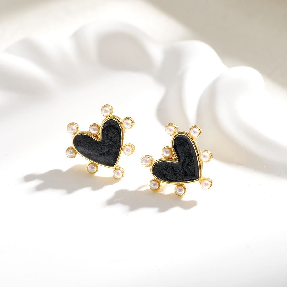 Heart Shape Stud Earrings For Valentine's Day, Casual Style, Copper With 18K Gold Plated And Acrylic Pearl Inlay