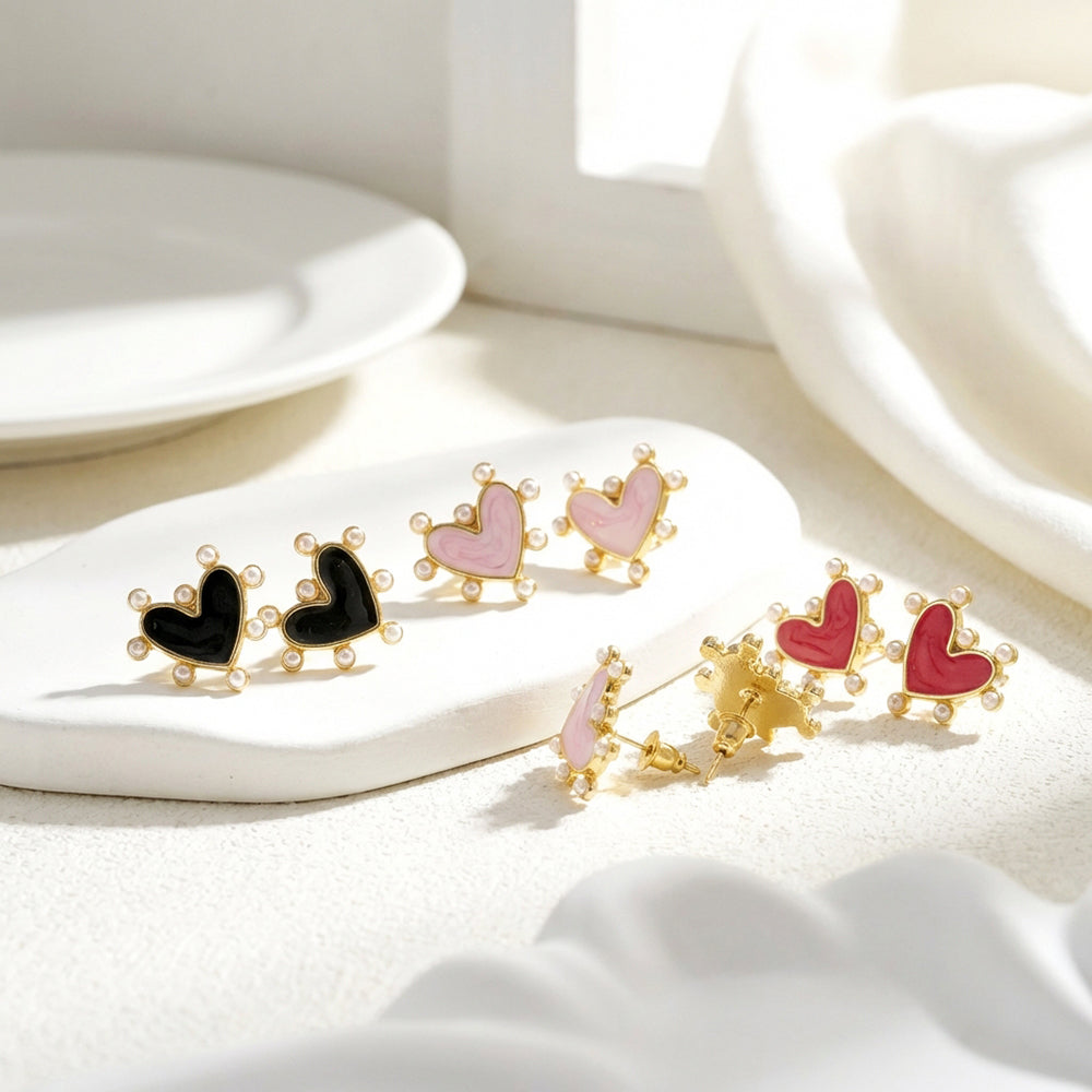 Heart Shape Stud Earrings For Valentine's Day, Casual Style, Copper With 18K Gold Plated And Acrylic Pearl Inlay