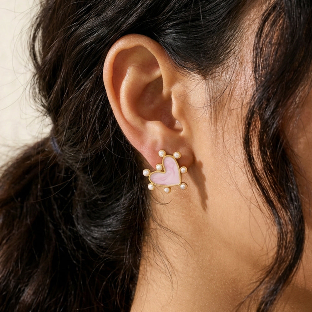 Heart Shape Stud Earrings For Valentine's Day, Casual Style, Copper With 18K Gold Plated And Acrylic Pearl Inlay