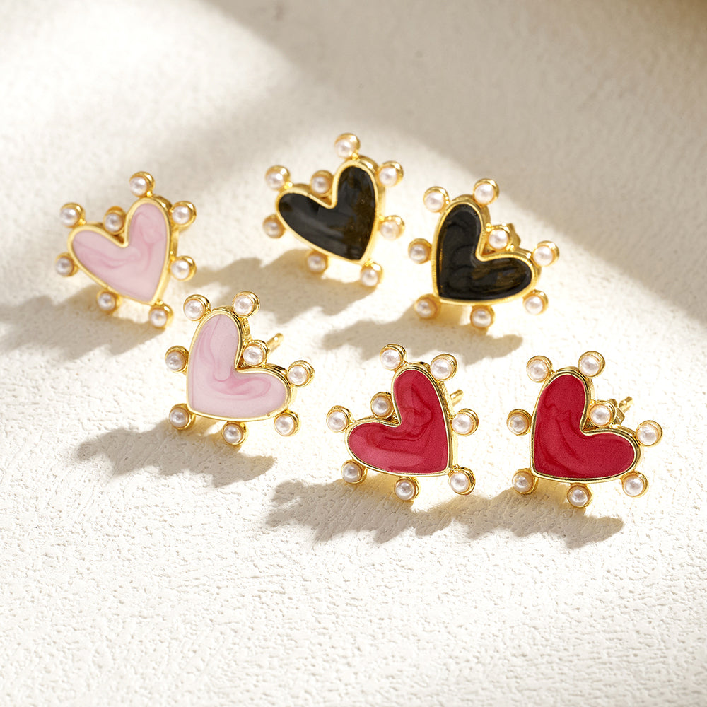 Heart Shape Stud Earrings For Valentine's Day, Casual Style, Copper With 18K Gold Plated And Acrylic Pearl Inlay