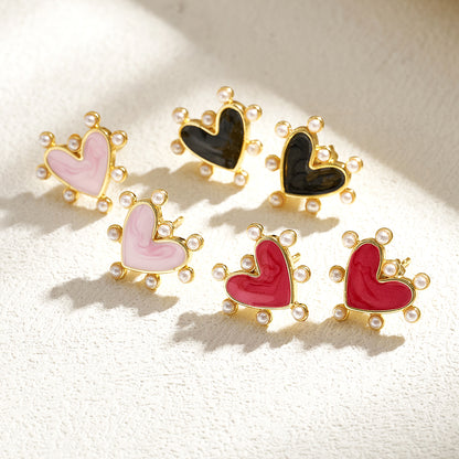 Heart Shape Stud Earrings For Valentine's Day, Casual Style, Copper With 18K Gold Plated And Acrylic Pearl Inlay