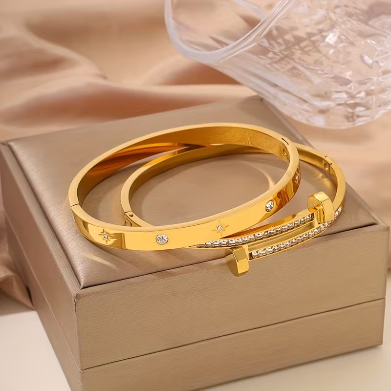 Starburst New Year Bangle For Unisex Featuring 304 Stainless Steel With 18K Real Gold Plated And Zircon Inlay