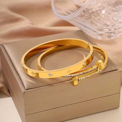 Starburst New Year Bangle For Unisex Featuring 304 Stainless Steel With 18K Real Gold Plated And Zircon Inlay