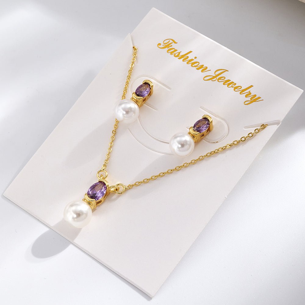 Geometric IG Style Women's Jewelry Set With Copper, Gold Plated Finish, Acrylic Pearl Inlay On Cable Chain