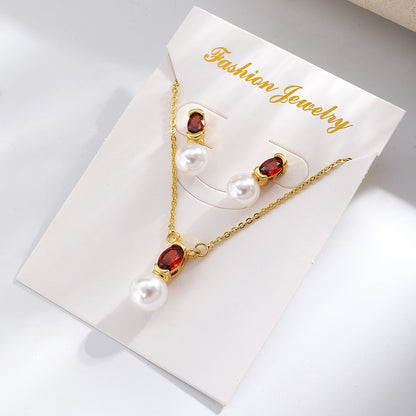 Geometric IG Style Women's Jewelry Set With Copper, Gold Plated Finish, Acrylic Pearl Inlay On Cable Chain