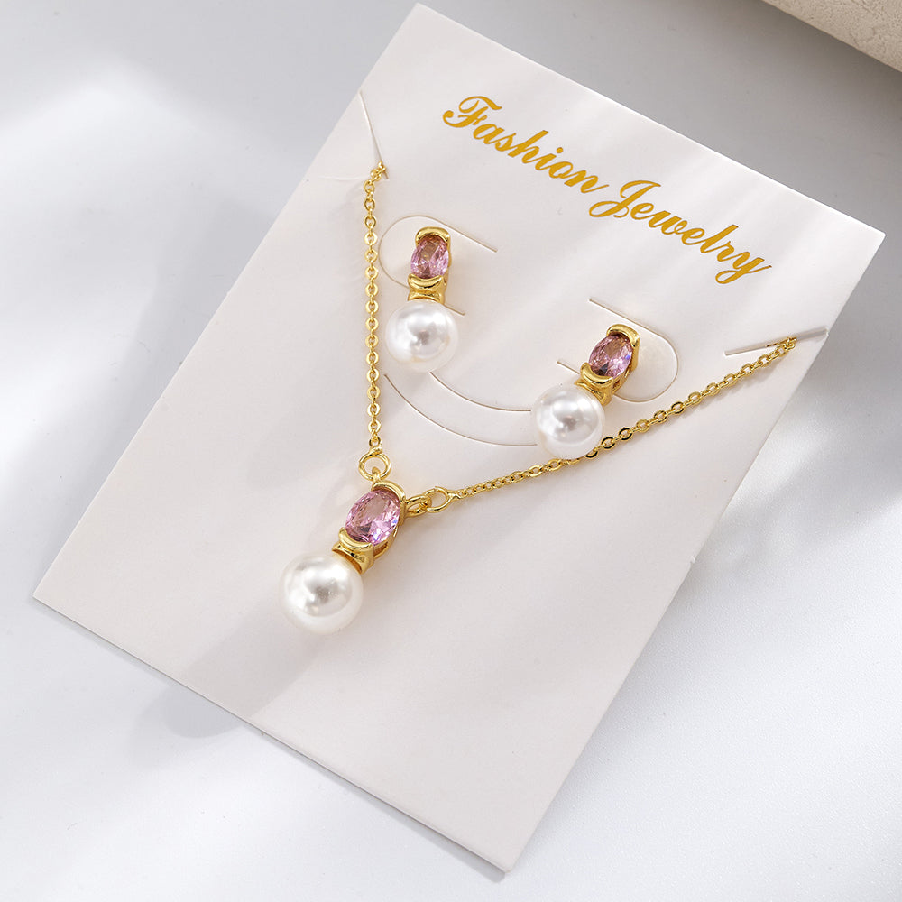 Geometric IG Style Women's Jewelry Set With Copper, Gold Plated Finish, Acrylic Pearl Inlay On Cable Chain
