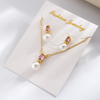 Geometric IG Style Women's Jewelry Set With Copper, Gold Plated Finish, Acrylic Pearl Inlay On Cable Chain