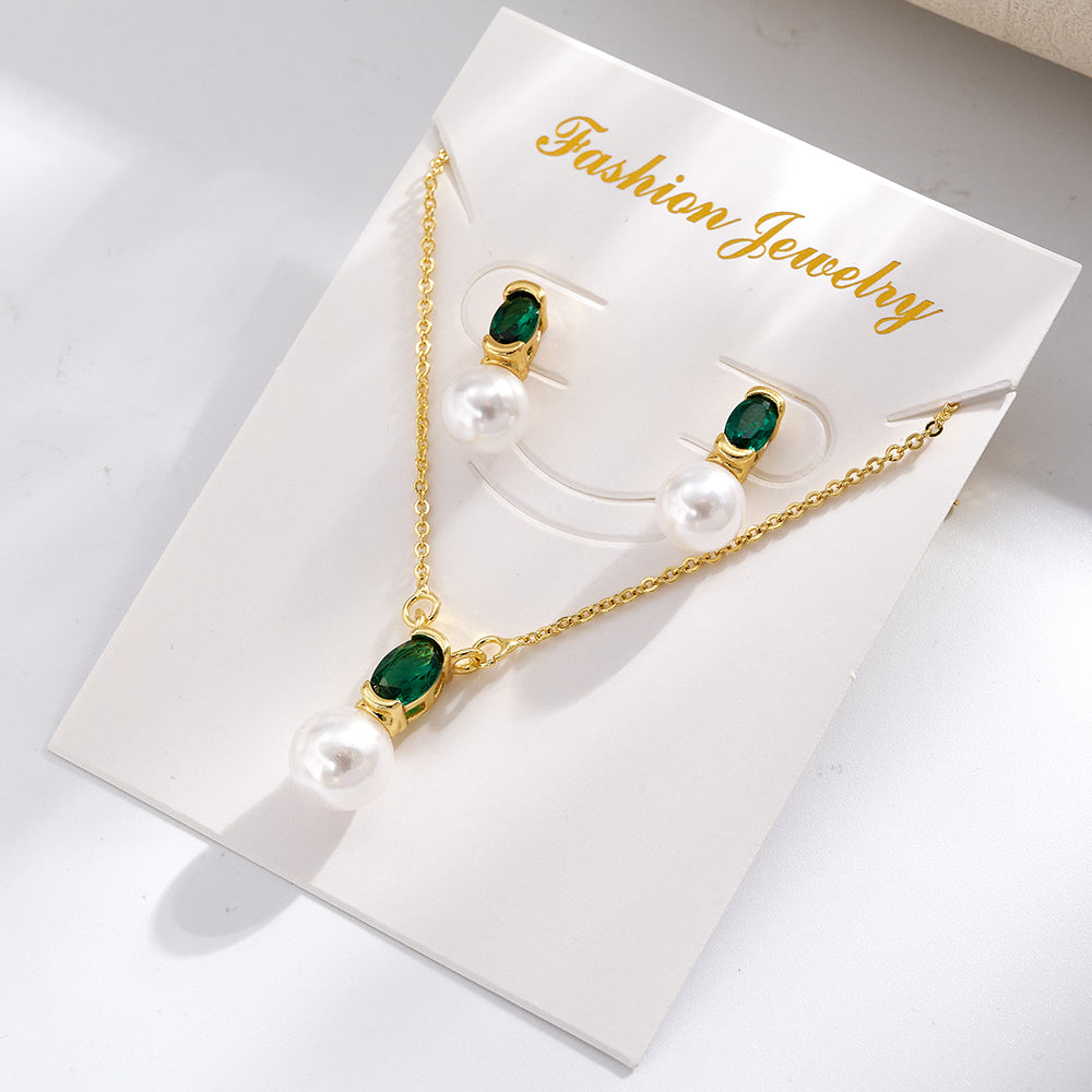 Geometric IG Style Women's Jewelry Set With Copper, Gold Plated Finish, Acrylic Pearl Inlay On Cable Chain