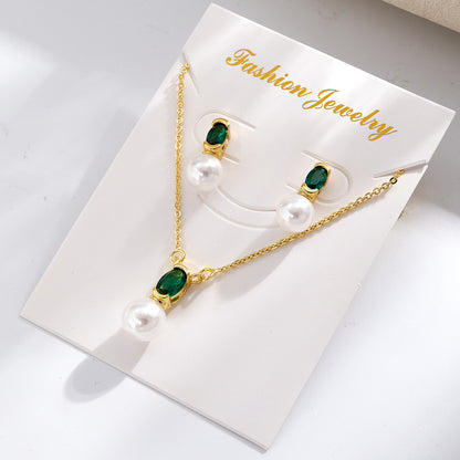 Geometric IG Style Women's Jewelry Set With Copper, Gold Plated Finish, Acrylic Pearl Inlay On Cable Chain