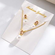 Champagne Color Geometric Set (Earring Size: Approx. 16x7.5mm; Necklace Length: Approx. 420+50mm)