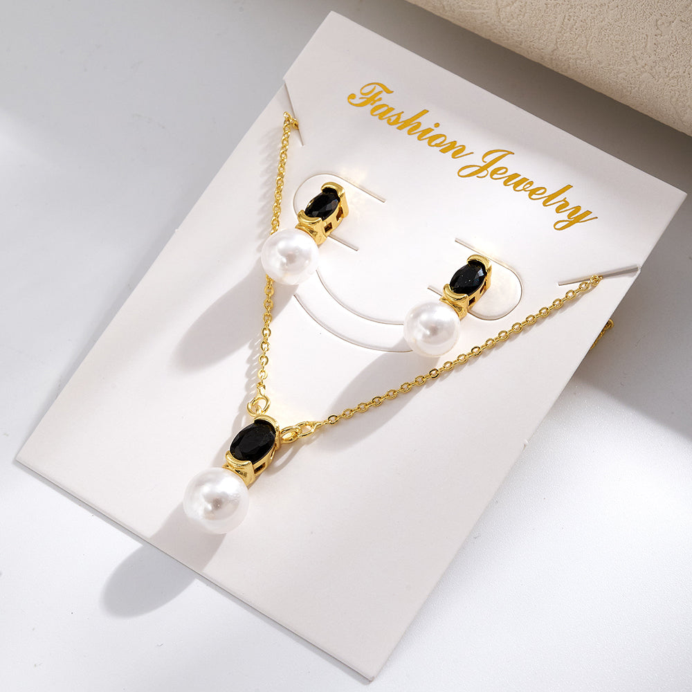 Geometric IG Style Women's Jewelry Set With Copper, Gold Plated Finish, Acrylic Pearl Inlay On Cable Chain