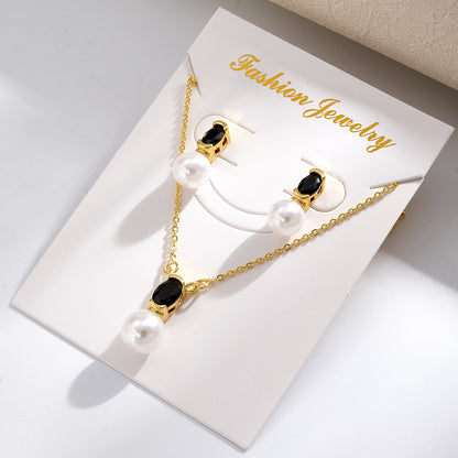 Geometric IG Style Women's Jewelry Set With Copper, Gold Plated Finish, Acrylic Pearl Inlay On Cable Chain