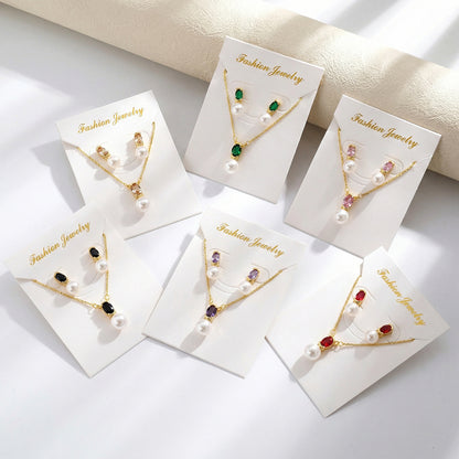 Geometric IG Style Women's Jewelry Set With Copper, Gold Plated Finish, Acrylic Pearl Inlay On Cable Chain