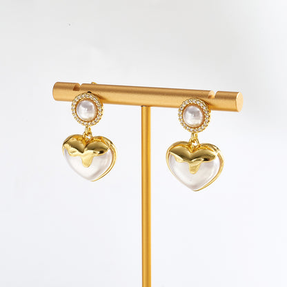 Water Droplets Stud Earrings For Valentine's Day, Casual Style Copper Earrings With 18K Gold Plating And Acrylic Pearl Inlay