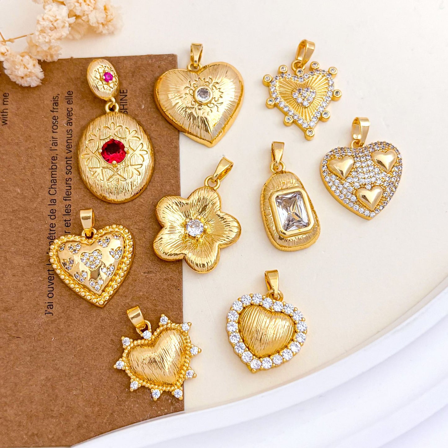 Copper Flowers Pendant With 18K Real Gold Plated Electroplated Finish, Golden Love Charms Jewelry Accessories