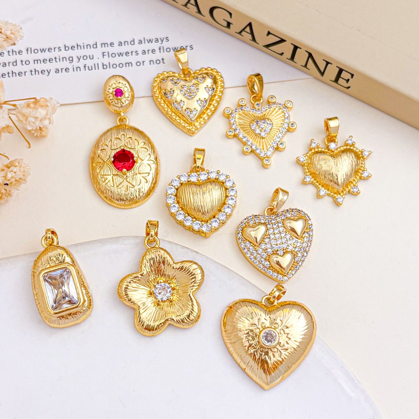 Copper Flowers Pendant With 18K Real Gold Plated Electroplated Finish, Golden Love Charms Jewelry Accessories