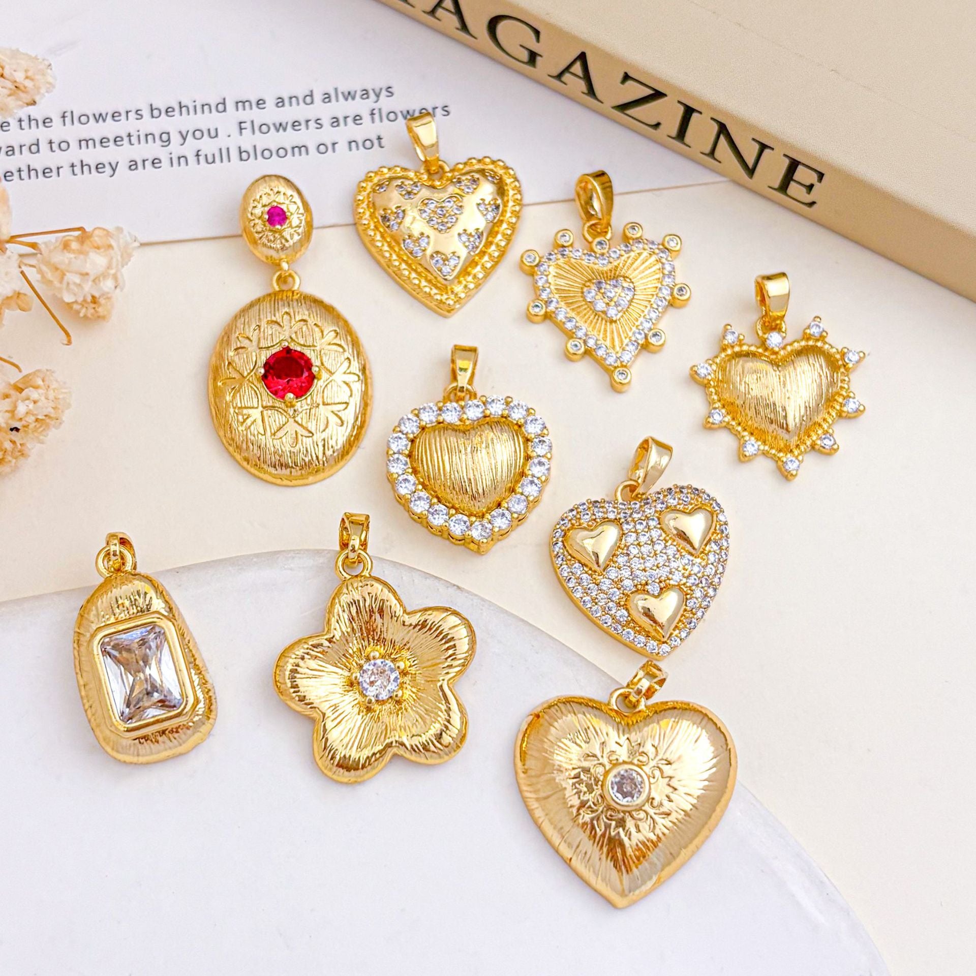 Copper Flowers Pendant With 18K Real Gold Plated Electroplated Finish, Golden Love Charms Jewelry Accessories