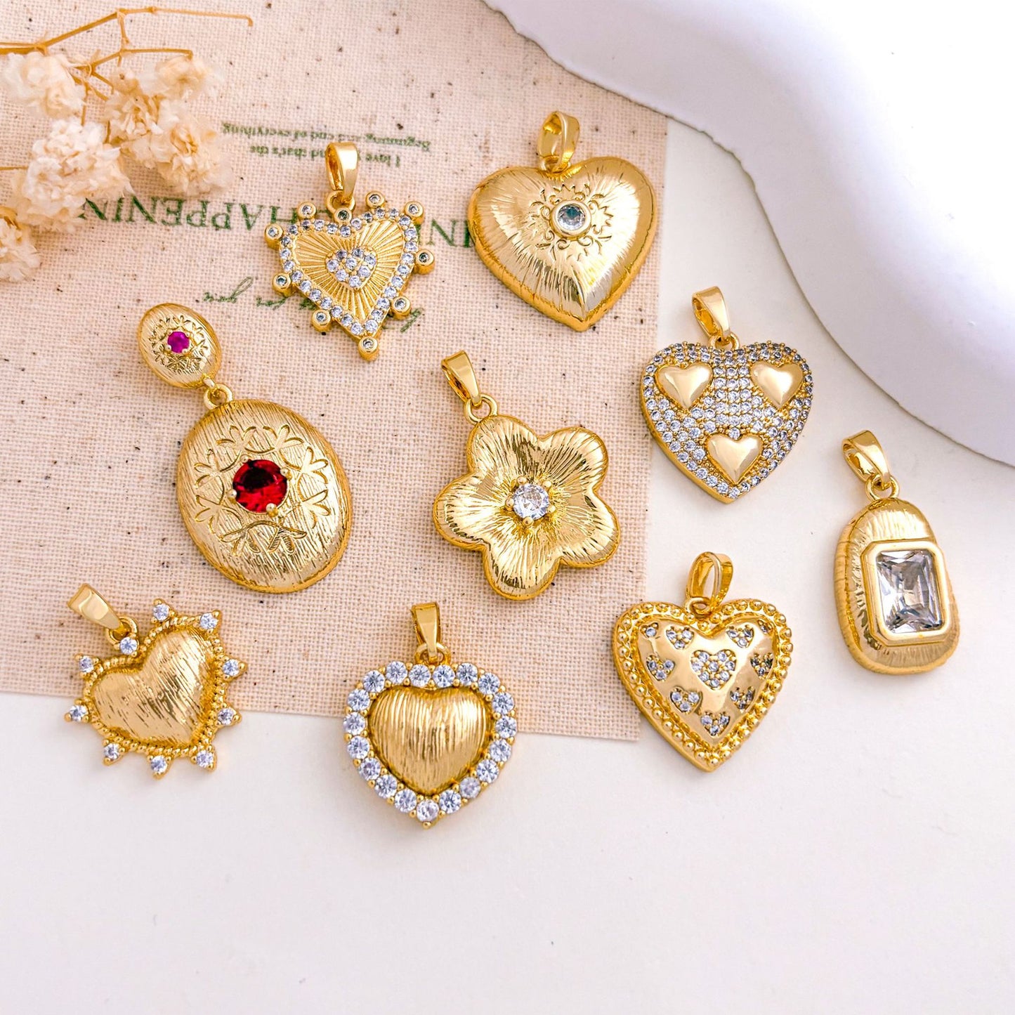 Copper Flowers Pendant With 18K Real Gold Plated Electroplated Finish, Golden Love Charms Jewelry Accessories