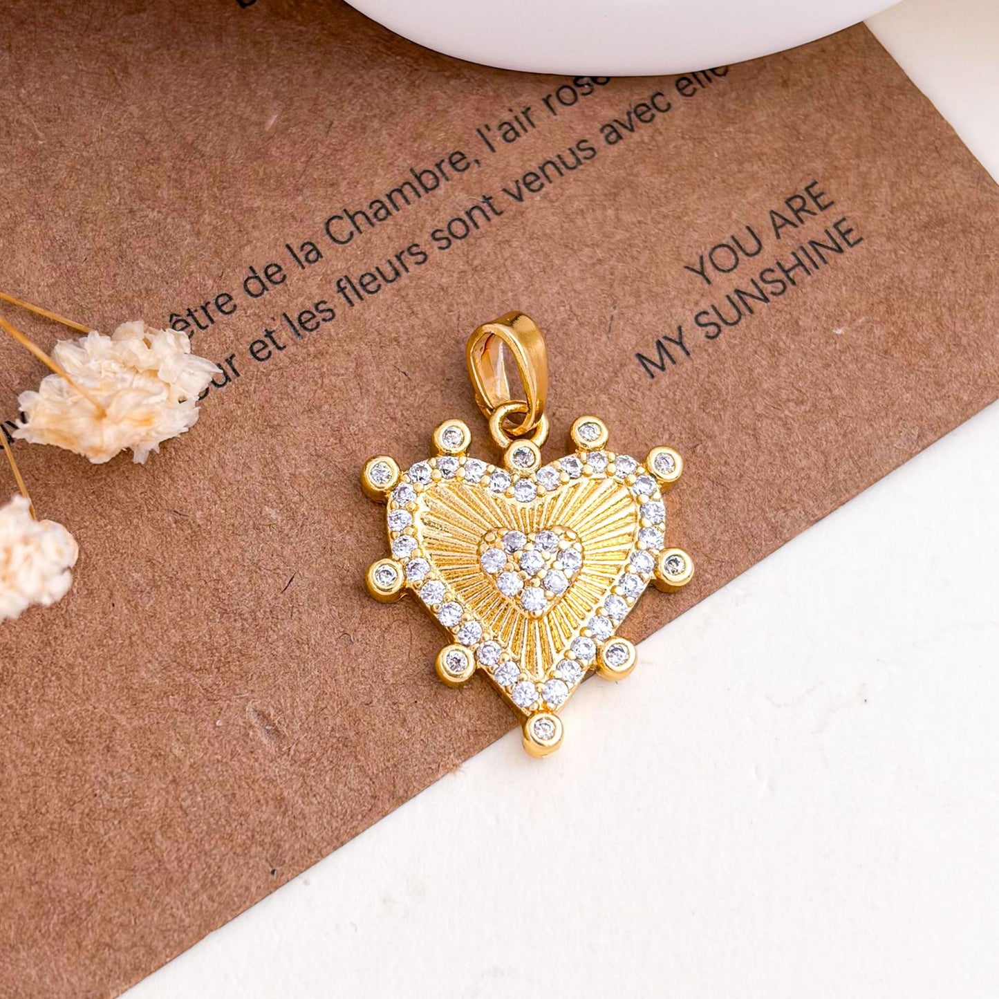 Copper Flowers Pendant With 18K Real Gold Plated Electroplated Finish, Golden Love Charms Jewelry Accessories