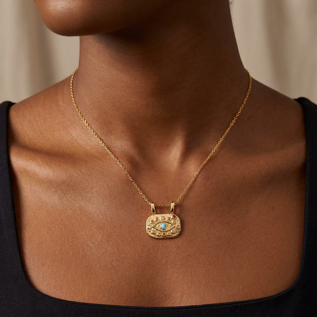 Eye Necklace For Casual Wear Featuring Copper Material With Golden Plated Finish And Zircon Inlay On O Chain