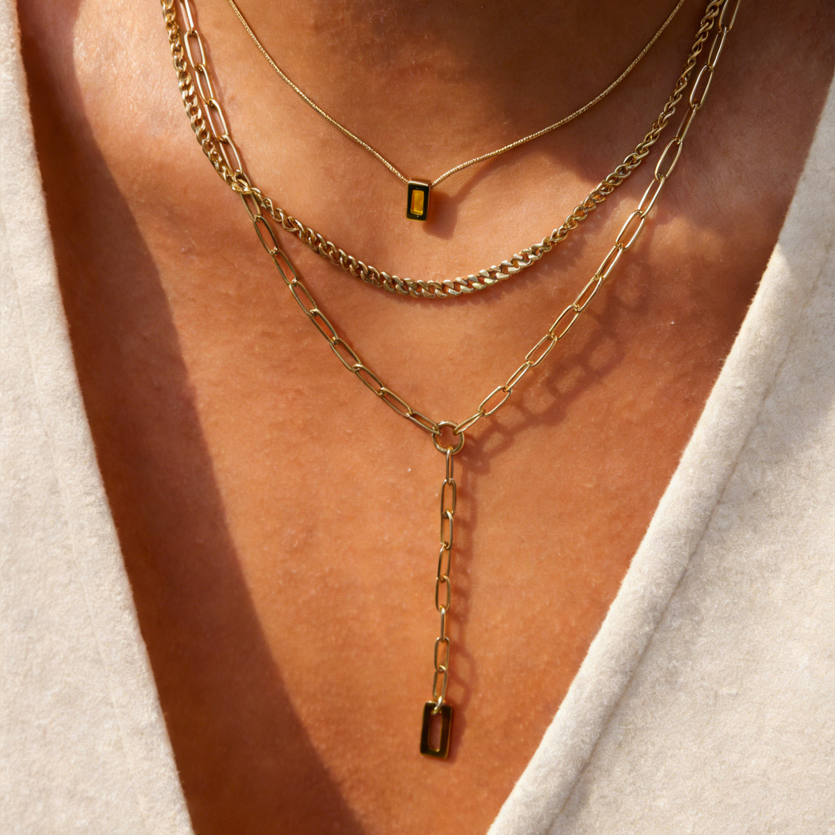 Geometric Three Layer Necklace For Women In 304 Stainless Steel With 18K Real Gold Plated And Zircon Inlay Featuring Side Chain