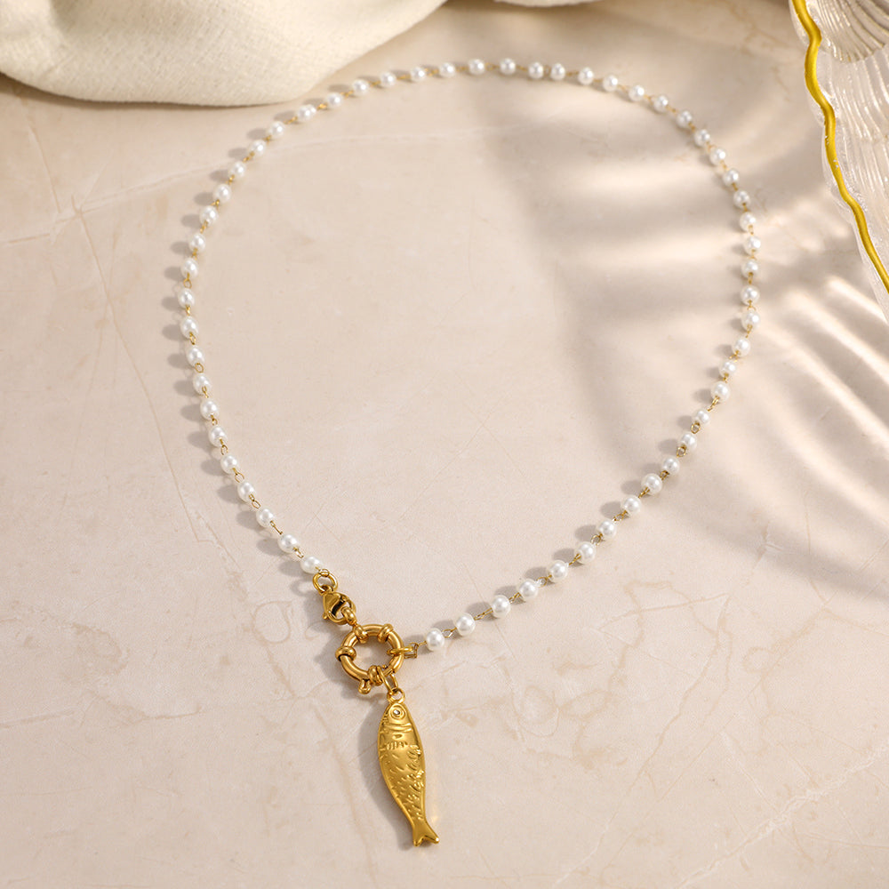 Electroplated Fish Necklace For Women In 304 Stainless Steel With 18K Real Gold Plated Beaded Chain