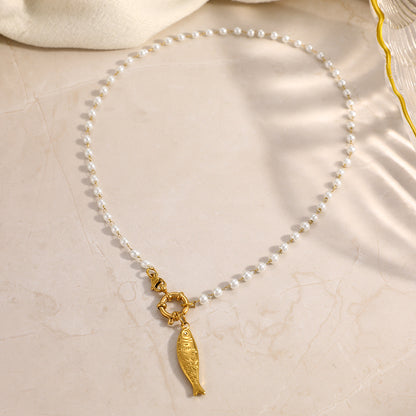 Electroplated Fish Necklace For Women In 304 Stainless Steel With 18K Real Gold Plated Beaded Chain