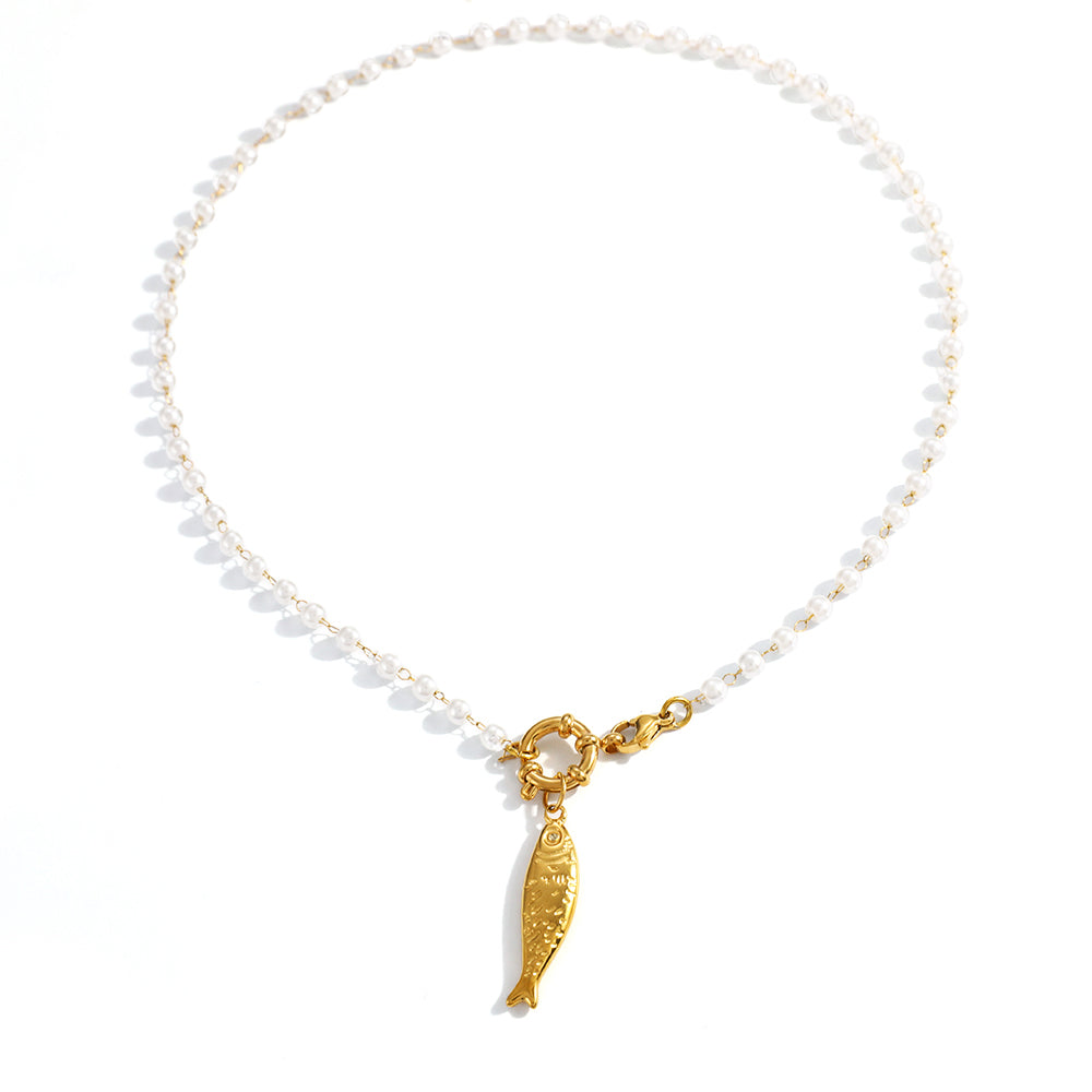 Electroplated Fish Necklace For Women In 304 Stainless Steel With 18K Real Gold Plated Beaded Chain