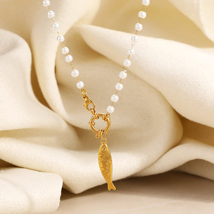 Electroplated Fish Necklace For Women In 304 Stainless Steel With 18K Real Gold Plated Beaded Chain