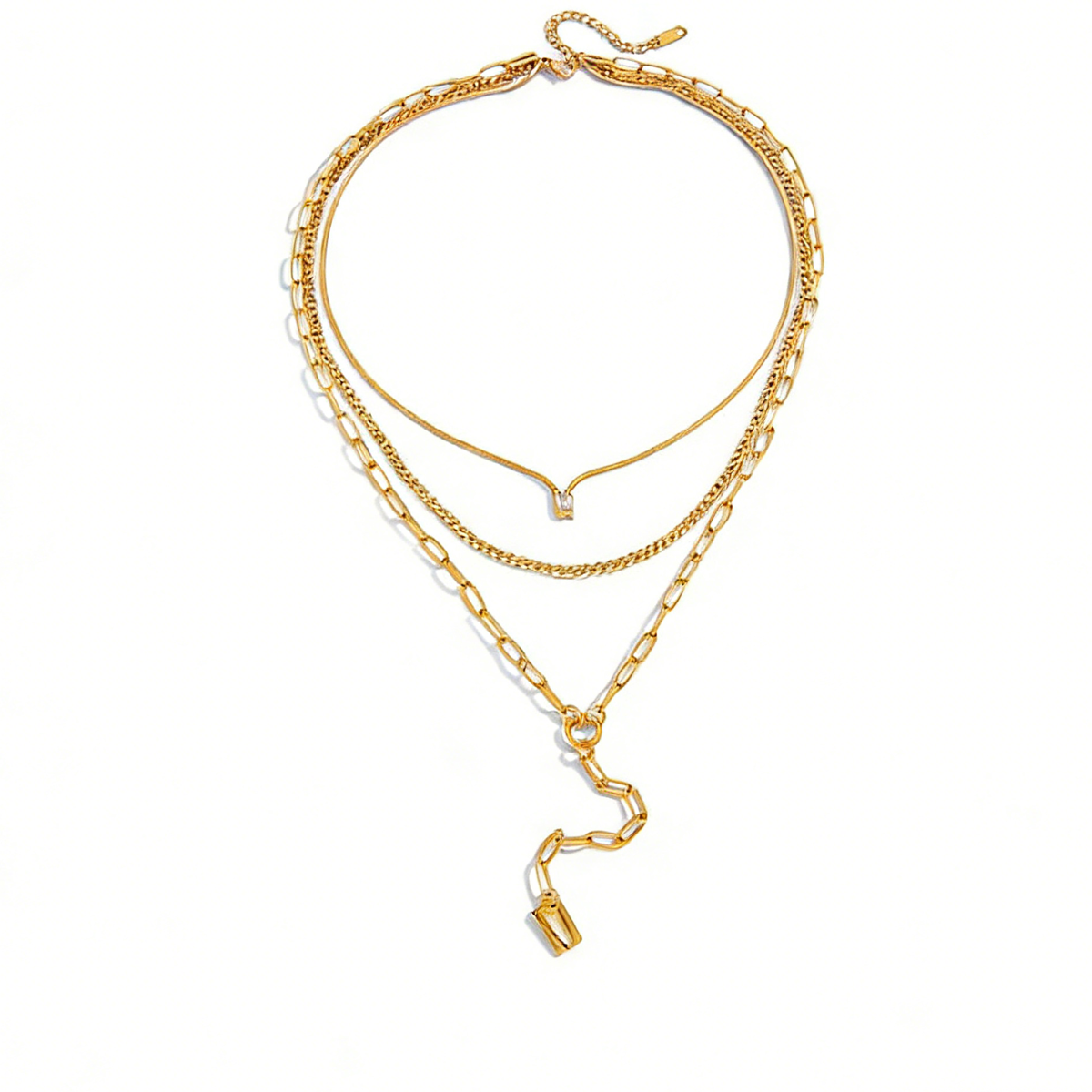 Geometric Three Layer Necklace For Women In 304 Stainless Steel With 18K Real Gold Plated And Zircon Inlay Featuring Side Chain