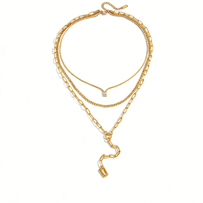 Geometric Three Layer Necklace For Women In 304 Stainless Steel With 18K Real Gold Plated And Zircon Inlay Featuring Side Chain
