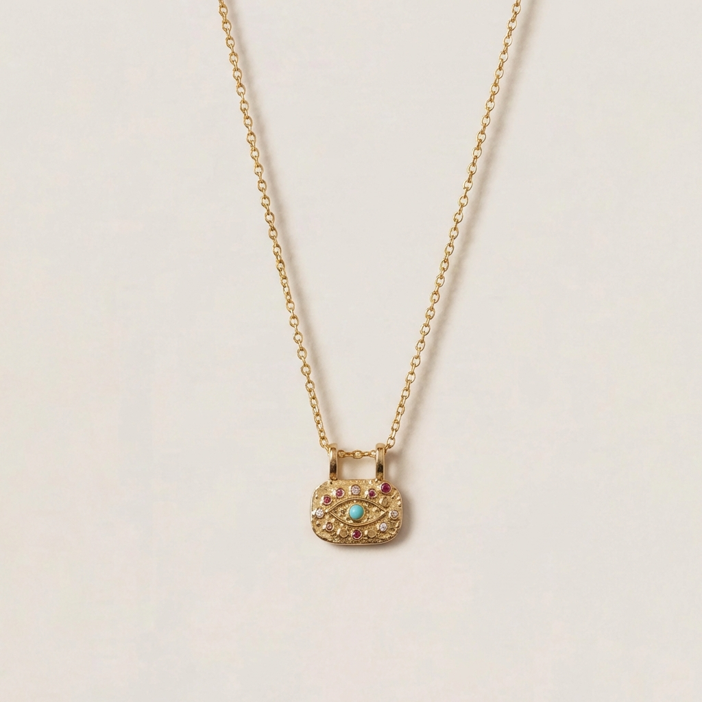 Eye Necklace For Casual Wear Featuring Copper Material With Golden Plated Finish And Zircon Inlay On O Chain