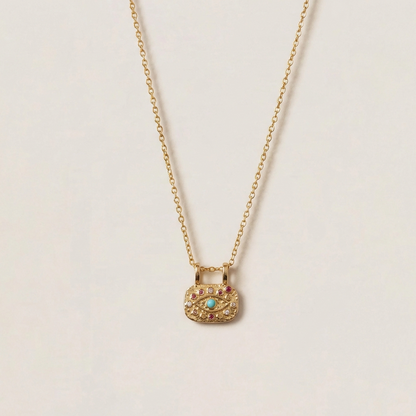 Eye Necklace For Casual Wear Featuring Copper Material With Golden Plated Finish And Zircon Inlay On O Chain