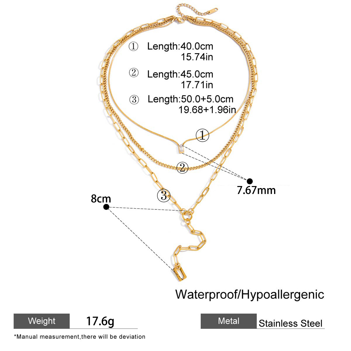 Geometric Three Layer Necklace For Women In 304 Stainless Steel With 18K Real Gold Plated And Zircon Inlay Featuring Side Chain