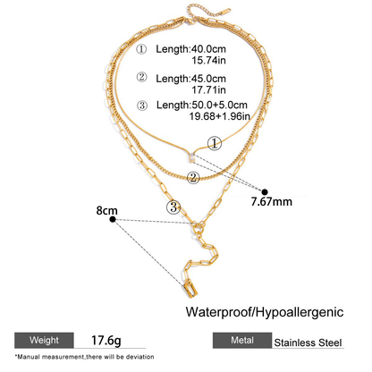 Geometric Three Layer Necklace For Women In 304 Stainless Steel With 18K Real Gold Plated And Zircon Inlay Featuring Side Chain