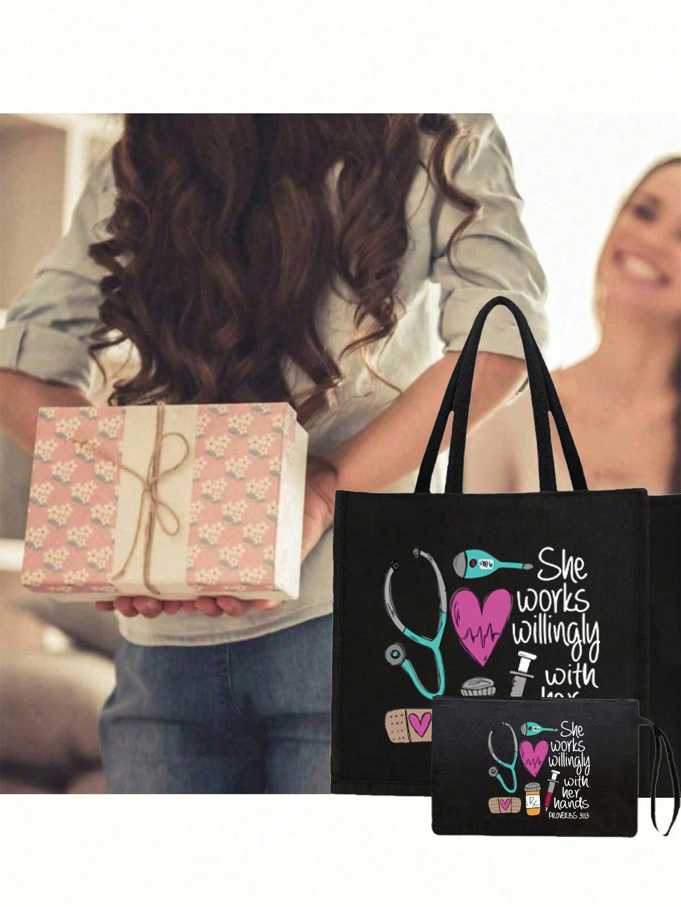 Women’s Square Polyester Cosmetic Bag With Top Handle, Featuring Printing Design, Perfect For Nurses Day