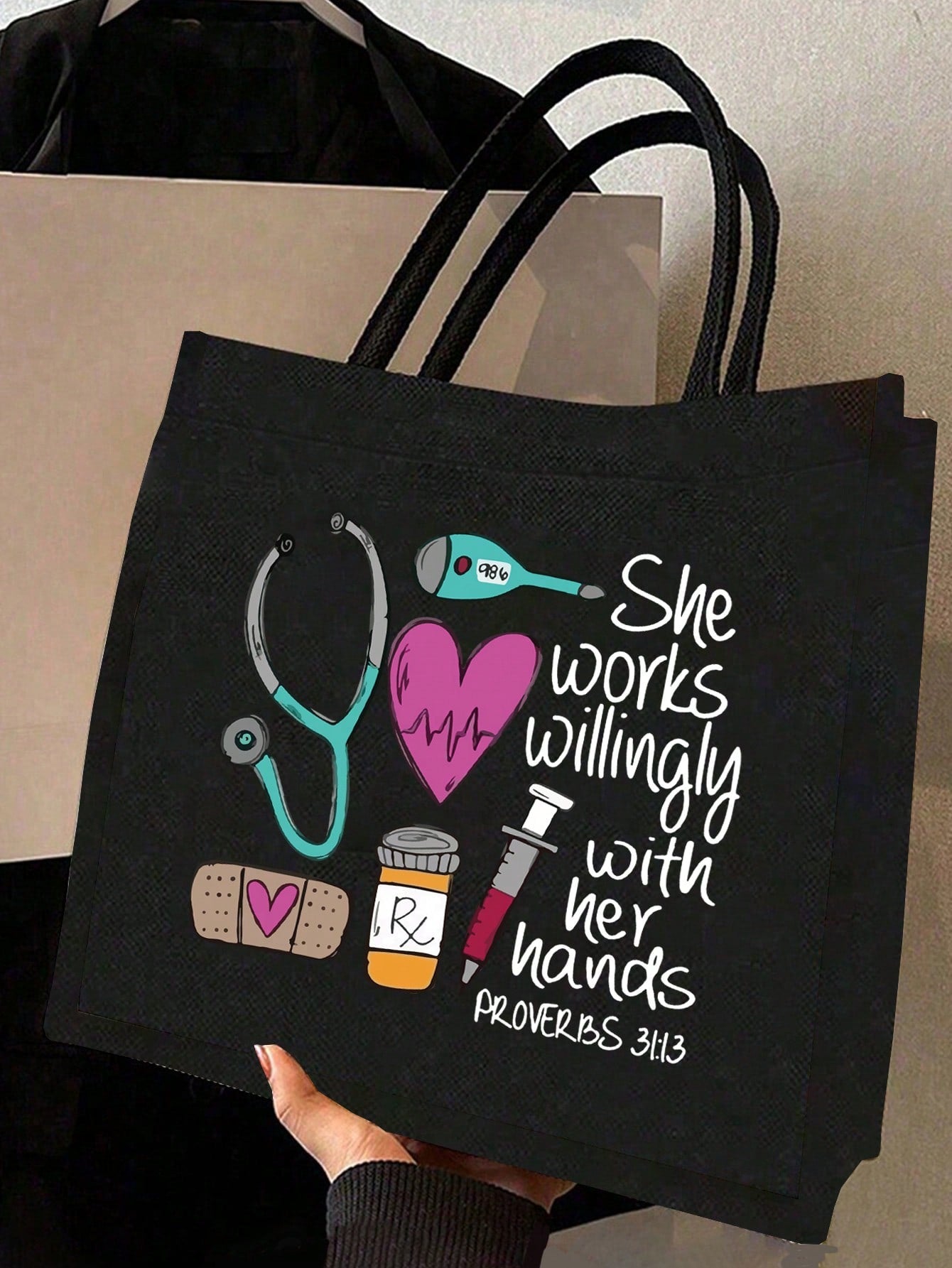 Women’s Square Polyester Cosmetic Bag With Top Handle, Featuring Printing Design, Perfect For Nurses Day