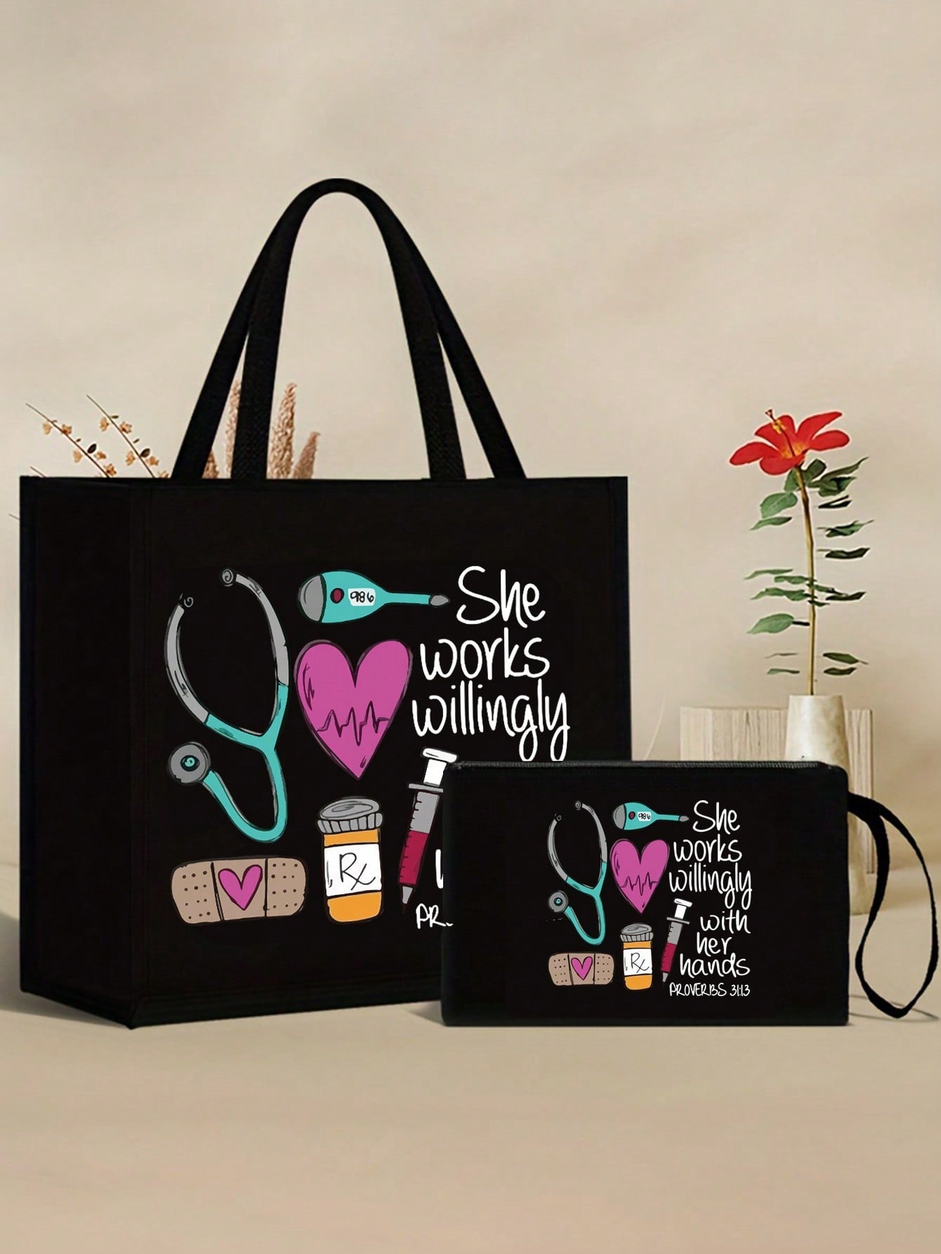 Women’s Square Polyester Cosmetic Bag With Top Handle, Featuring Printing Design, Perfect For Nurses Day