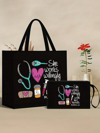 Women’s Square Polyester Cosmetic Bag With Top Handle, Featuring Printing Design, Perfect For Nurses Day