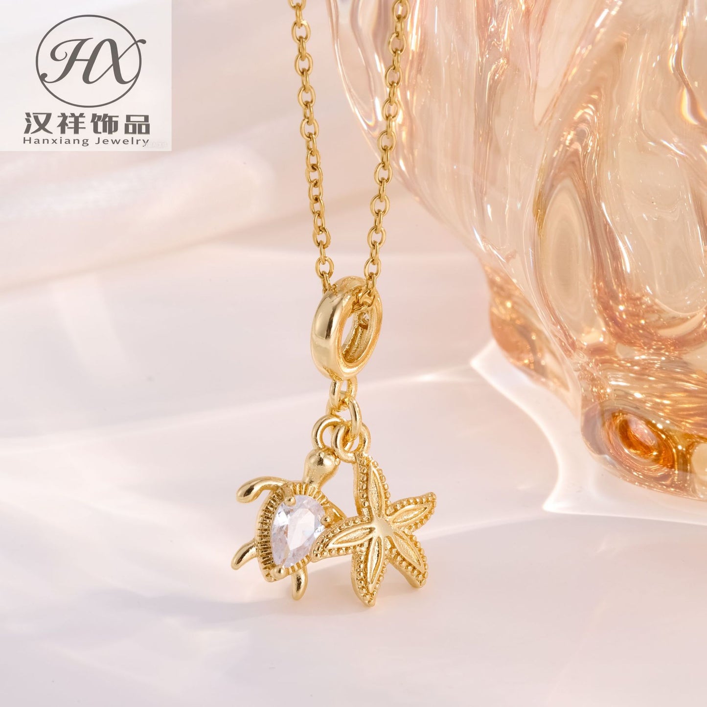 Starfish Necklace For Women With Zircon Inlay, Copper Material, PVD Coated Gold Plating, Featuring A Cable Chain