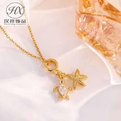 Starfish Necklace For Women With Zircon Inlay, Copper Material, PVD Coated Gold Plating, Featuring A Cable Chain