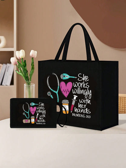 Women’s Square Polyester Cosmetic Bag With Top Handle, Featuring Printing Design, Perfect For Nurses Day