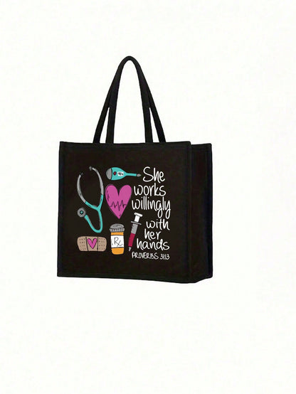 Women’s Square Polyester Cosmetic Bag With Top Handle, Featuring Printing Design, Perfect For Nurses Day