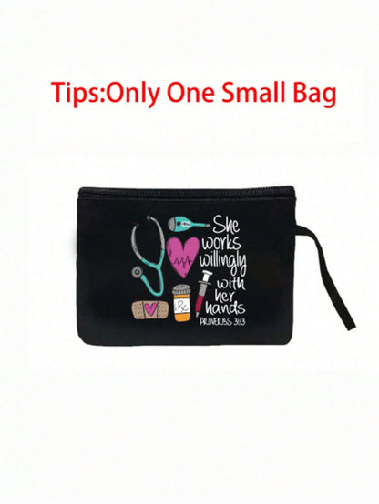 Women’s Square Polyester Cosmetic Bag With Top Handle, Featuring Printing Design, Perfect For Nurses Day